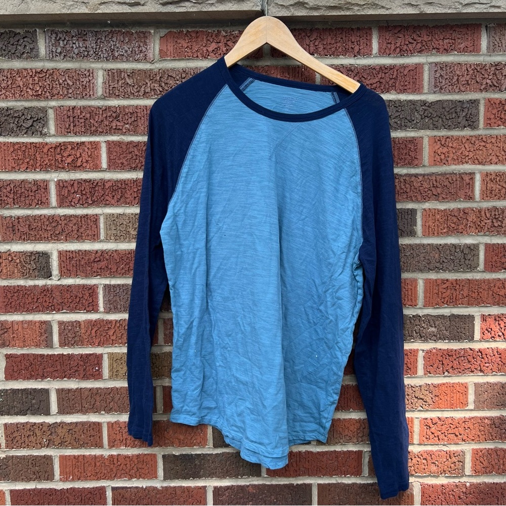 RHODE Lived-In Light Blue and Navy Blue Long Sleeve Baseball Tee Shirt